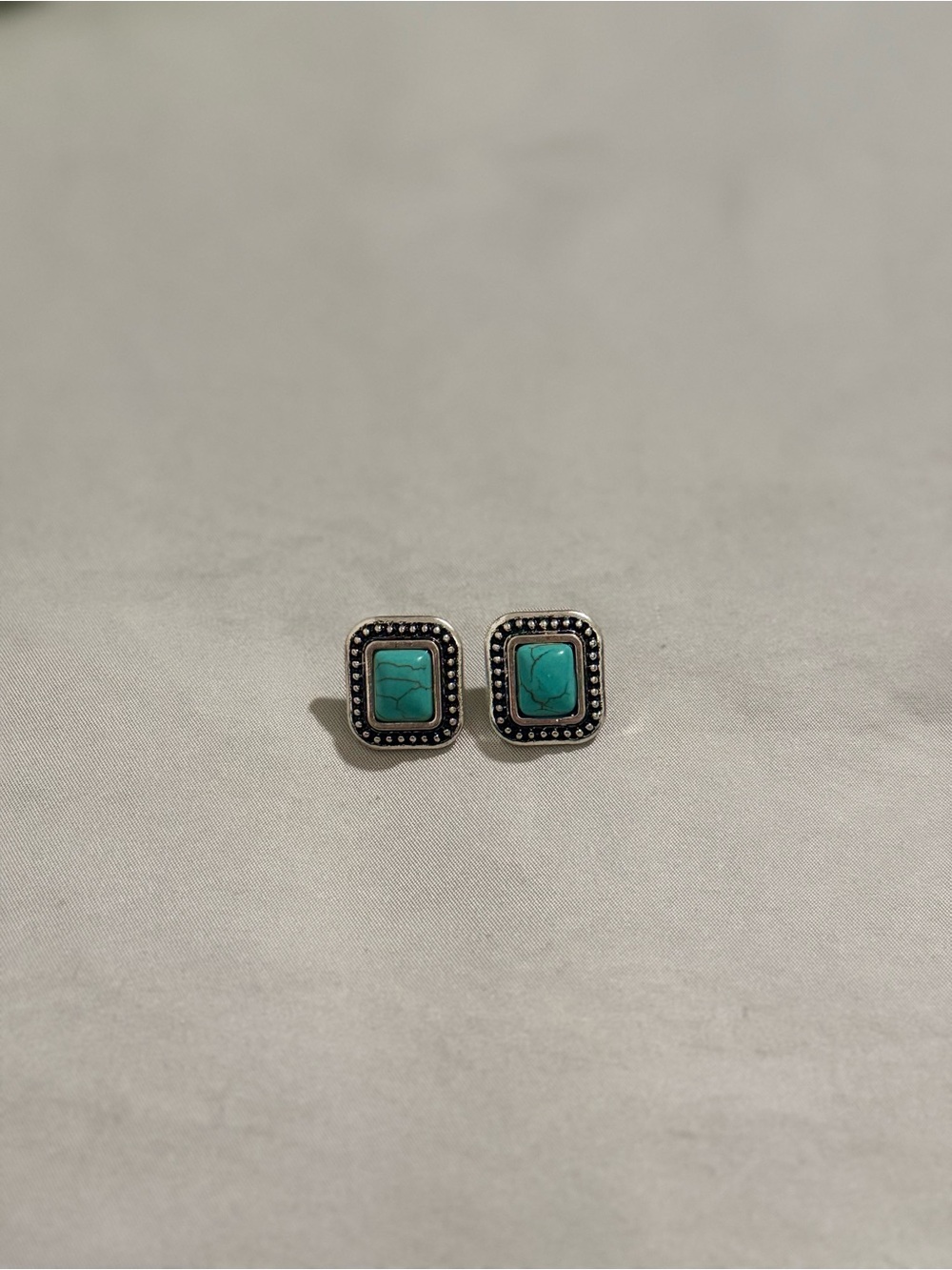 Faux Turquoise Square Stud Earrings with Silver Beaded Frame